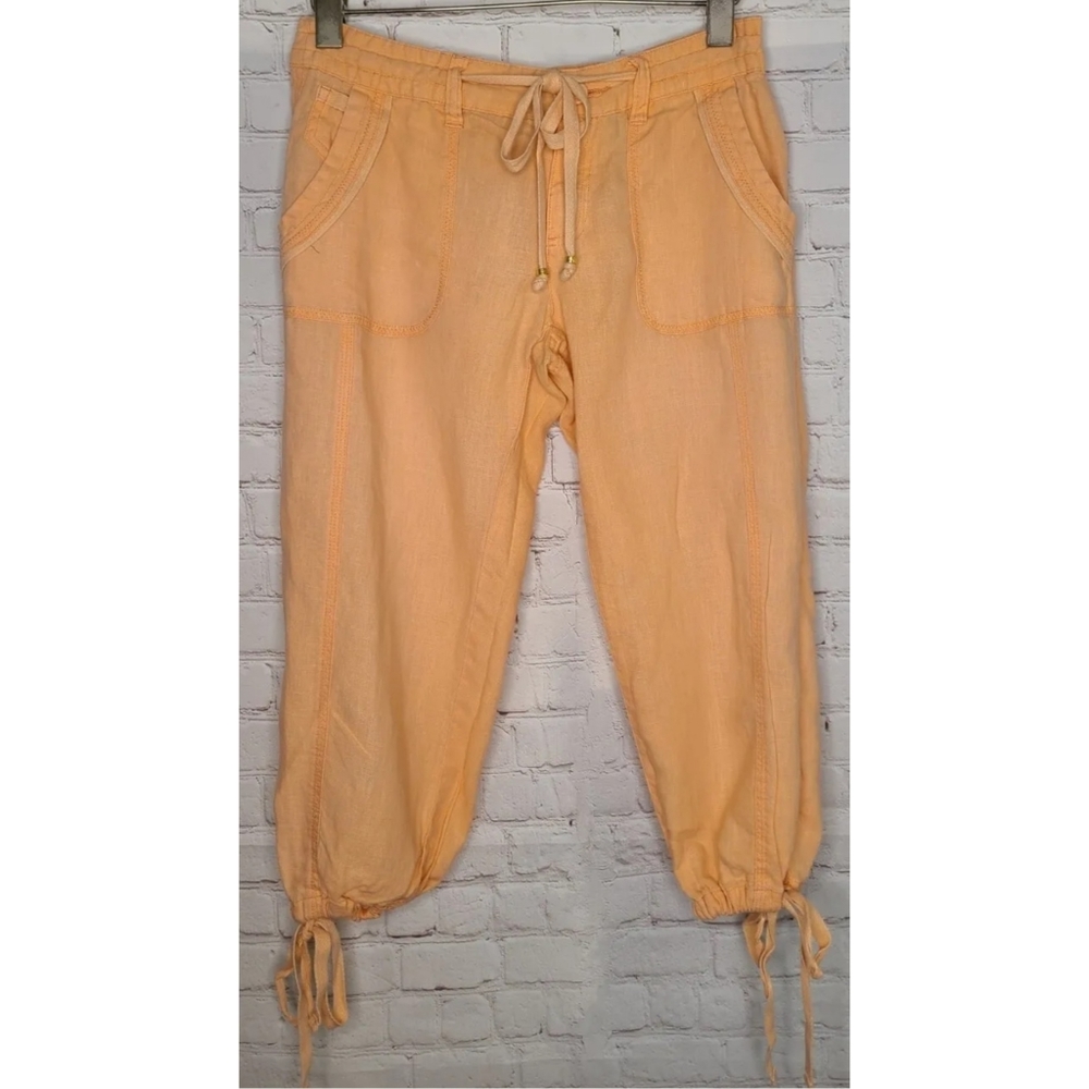 Guess Linen Drawstring Crop Pants Pockets Logo Zipper